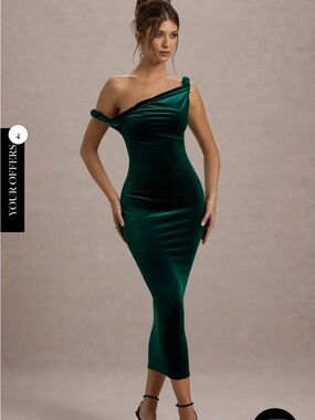 One-Shoulder Emerald Green Velvet Midi Dress